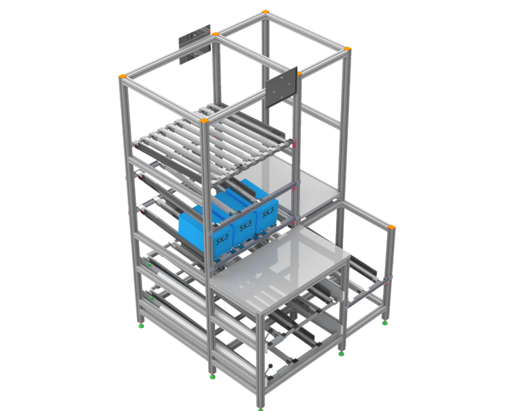 Arbeitsregal mit Rollenstrecken: Effiziente Arbeitsorganisation und reibungsloser Materialfluss mit maßgeschneiderten Lösungen von HL Automation. Gefertigt mit Aluminiumprofilen der Baureihe 40 und Baureihe 45 für maximale Flexibilität und Langlebigkeit.