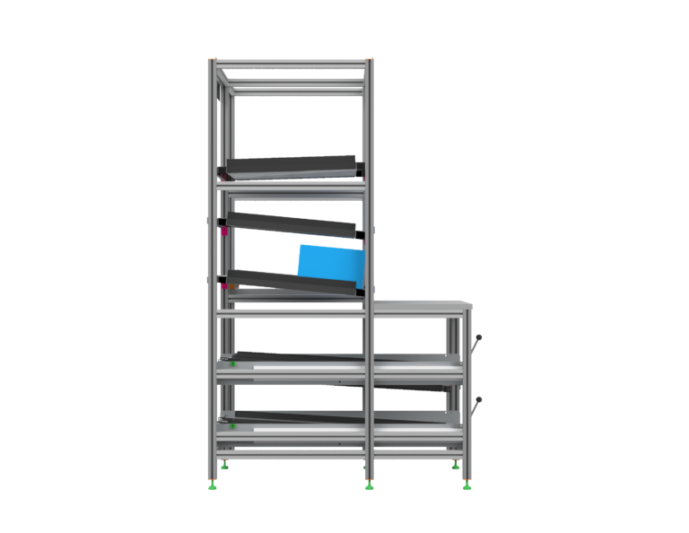 Arbeitsregal mit Rollenstrecken: Effiziente Arbeitsorganisation und reibungsloser Materialfluss mit maßgeschneiderten Lösungen von HL Automation. Gefertigt mit Aluminiumprofilen der Baureihe 40 und Baureihe 45 für maximale Flexibilität und Langlebigkeit.