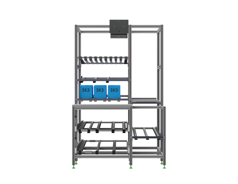 Arbeitsregal mit Rollenstrecken: Effiziente Arbeitsorganisation und reibungsloser Materialfluss mit maßgeschneiderten Lösungen von HL Automation. Gefertigt mit Aluminiumprofilen der Baureihe 40 und Baureihe 45 für maximale Flexibilität und Langlebigkeit.