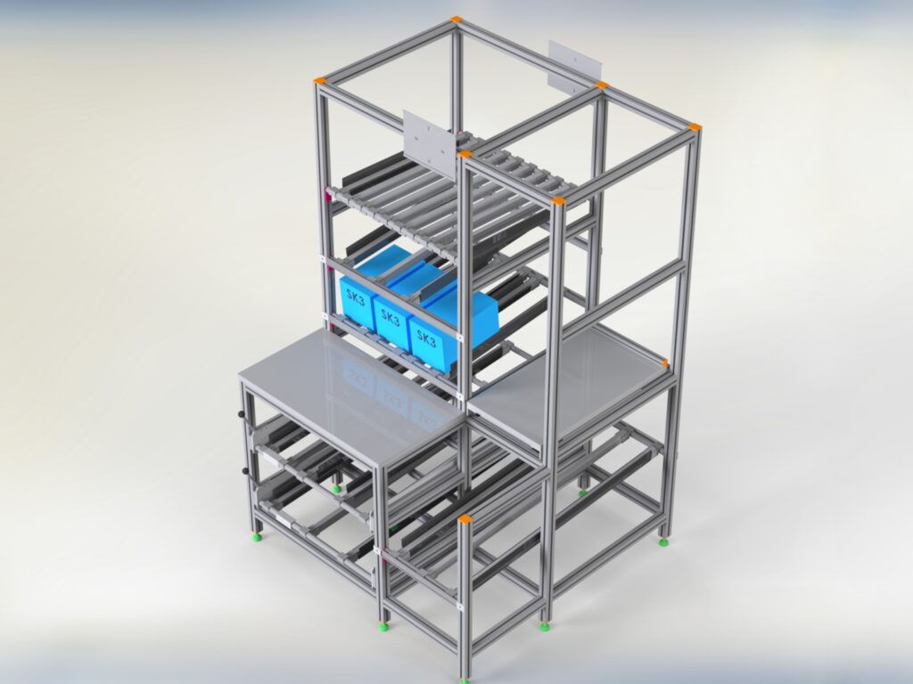 Arbeitsregal mit Rollenstrecken: Effiziente Arbeitsorganisation und reibungsloser Materialfluss mit maßgeschneiderten Lösungen von HL Automation. Gefertigt mit Aluminiumprofilen der Baureihe 40 und Baureihe 45 für maximale Flexibilität und Langlebigkeit.