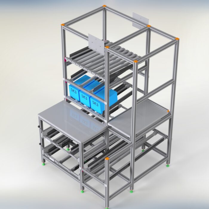 Arbeitsregal mit Rollenstrecken: Effiziente Arbeitsorganisation und reibungsloser Materialfluss mit maßgeschneiderten Lösungen von HL Automation. Gefertigt mit Aluminiumprofilen der Baureihe 40 und Baureihe 45 für maximale Flexibilität und Langlebigkeit.