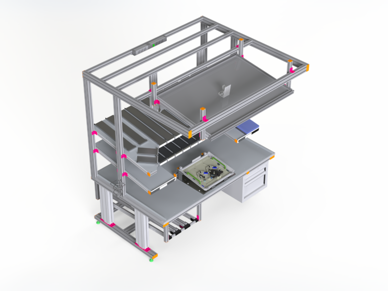 Hochwertiger Bestücktisch für effiziente Arbeitsabläufe – hergestellt von HL Automation. Maßgeschneiderte Lösungen mit Aluminiumprofilen der Baureihe 40 und Baureihe 45 für optimale Flexibilität und Qualität.