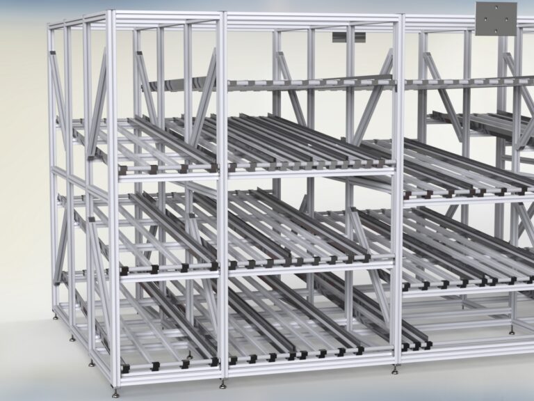 Rollenstreckenregal: Optimierter Materialfluss und effiziente Lagerhaltung mit individuellen Lösungen von HL Automation. Hergestellt mit hochwertigen Aluminiumprofilen der Baureihe 40 und Baureihe 45 für maximale Flexibilität und Langlebigkeit.