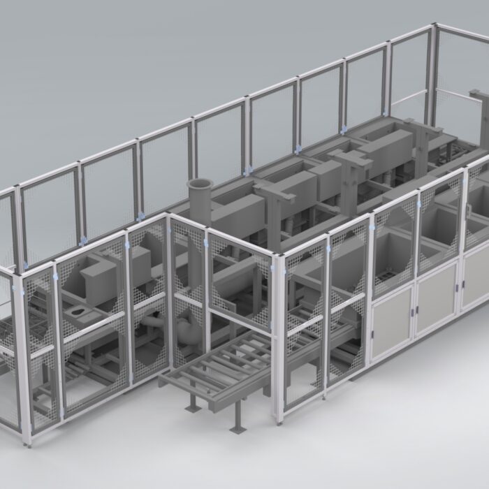 Schutzeinhausung für Rollenbahnen: Sichere Arbeitsumgebung und reibungsloser Materialfluss dank maßgeschneiderter Lösungen von HL Automation. Hergestellt mit hochwertigen Aluminiumprofilen der Baureihe 40 und Baureihe 45 für maximale Stabilität und Anpassungsfähigkeit.