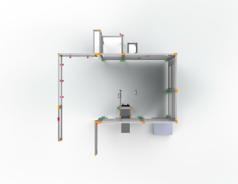 Maschinenschutz mit Rutsche: Sichere Arbeitsumgebung und effizienter Materialfluss dank maßgeschneiderter Lösungen von HL Automation. Hergestellt mit Aluminiumprofilen der Baureihe 40 und Baureihe 45 für höchste Qualität und Flexibilität.