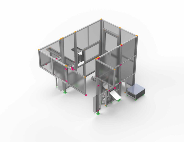 Maschinenschutz mit Rutsche: Sichere Arbeitsumgebung und effizienter Materialfluss dank maßgeschneiderter Lösungen von HL Automation. Hergestellt mit Aluminiumprofilen der Baureihe 40 und Baureihe 45 für höchste Qualität und Flexibilität.