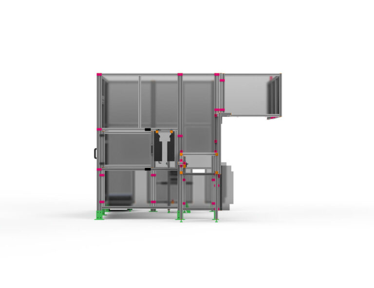 Maschinenschutz mit Rutsche: Sichere Arbeitsumgebung und effizienter Materialfluss dank maßgeschneiderter Lösungen von HL Automation. Hergestellt mit Aluminiumprofilen der Baureihe 40 und Baureihe 45 für höchste Qualität und Flexibilität.