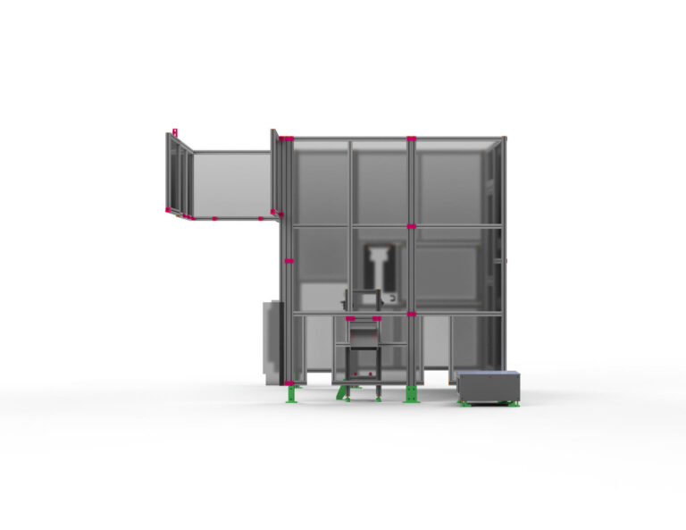 Maschinenschutz mit Rutsche: Sichere Arbeitsumgebung und effizienter Materialfluss dank maßgeschneiderter Lösungen von HL Automation. Hergestellt mit Aluminiumprofilen der Baureihe 40 und Baureihe 45 für höchste Qualität und Flexibilität.