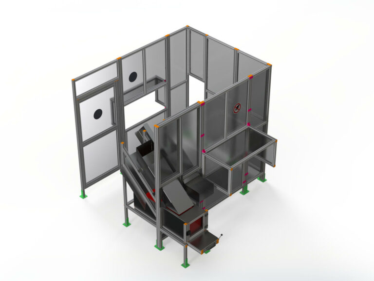 Schutzzaun mit Dreifachrutsche: Sichere Arbeitsumgebung mit maßgefertigten Lösungen von HL Automation. Gefertigt mit Aluminiumprofilen der Baureihe 40 und Baureihe 45 für höchste Qualität und Flexibilität.