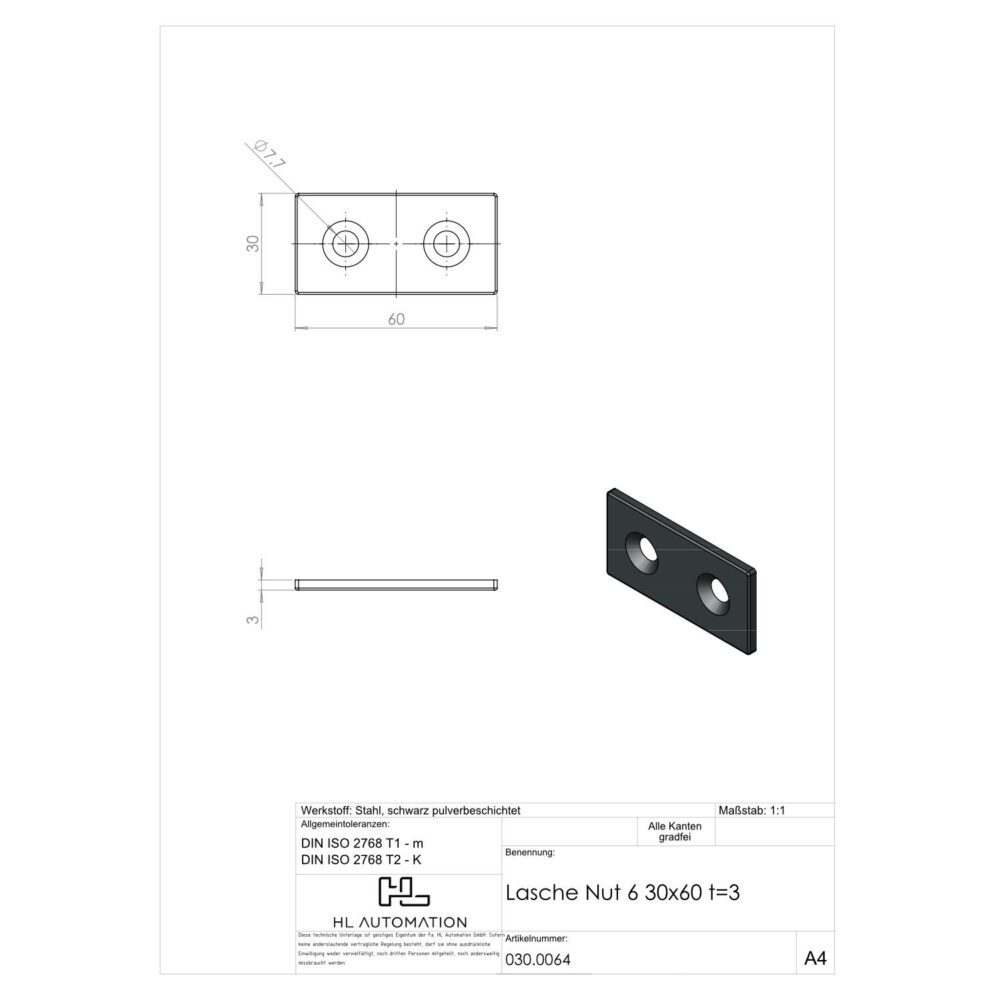 Verbindungslasche 30x60 für Senkschrauben – Bild 2