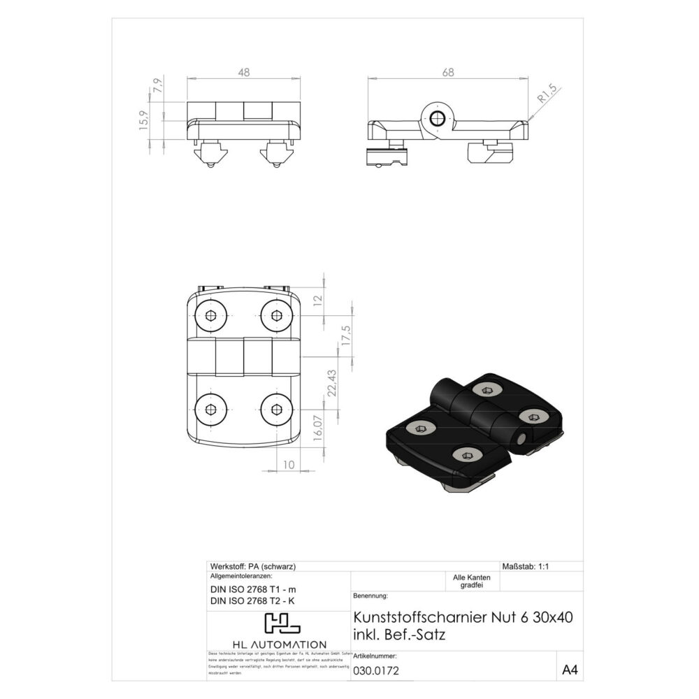 Kunststoffscharnier Nut 6/Nut 8 30x40 inkl. Bef.-Satz – Bild 2