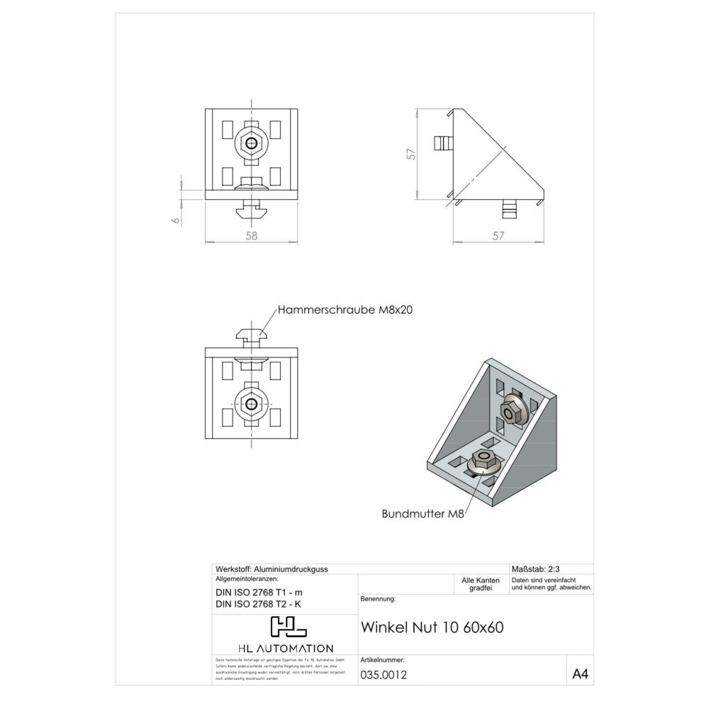 Winkel Nut 10 60x60 mit Bef.-Satz Nut 10 – Bild 2