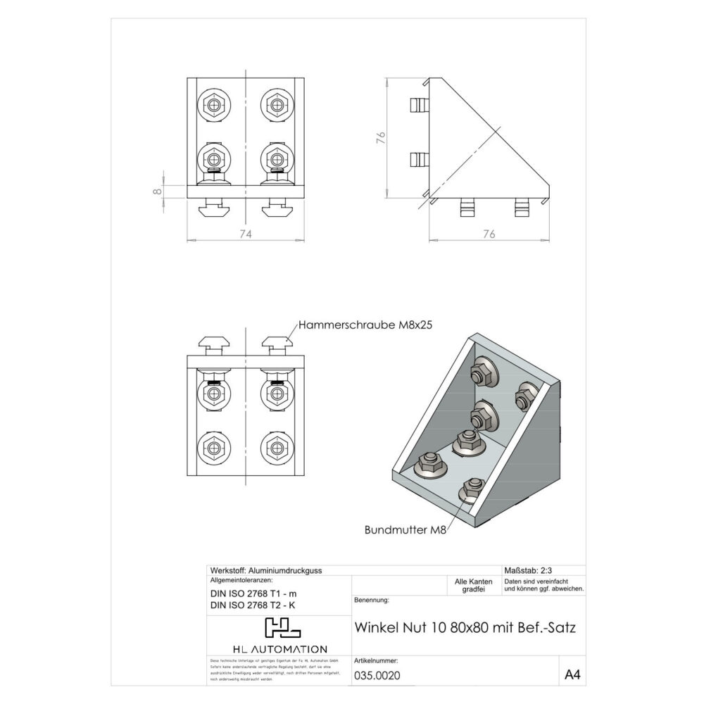 Winkel Nut 10 80x80 mit Bef.-Satz – Bild 2
