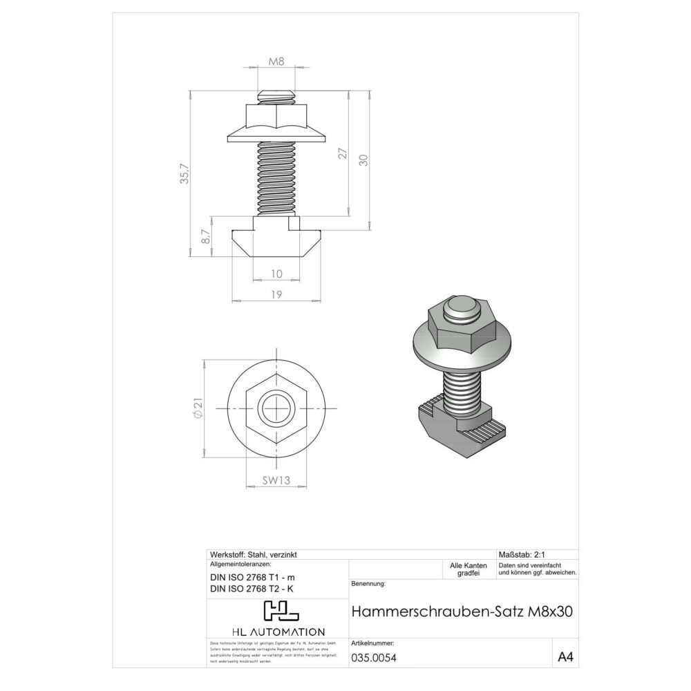 Hammerschrauben-Satz M8x30 – Bild 2