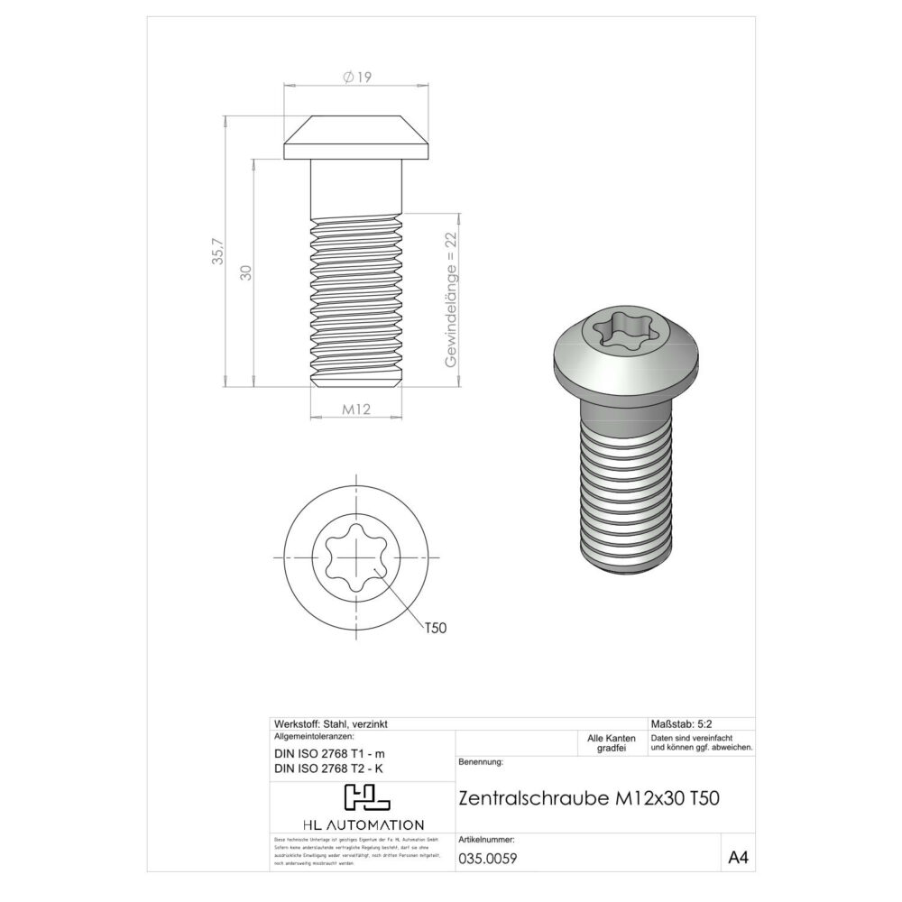 Zentralschraube M12x30 T50 (Nut 10) – Bild 2