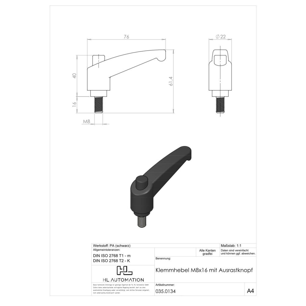 Klemmhebel M8x16 mit Ausrastknopf – Bild 2