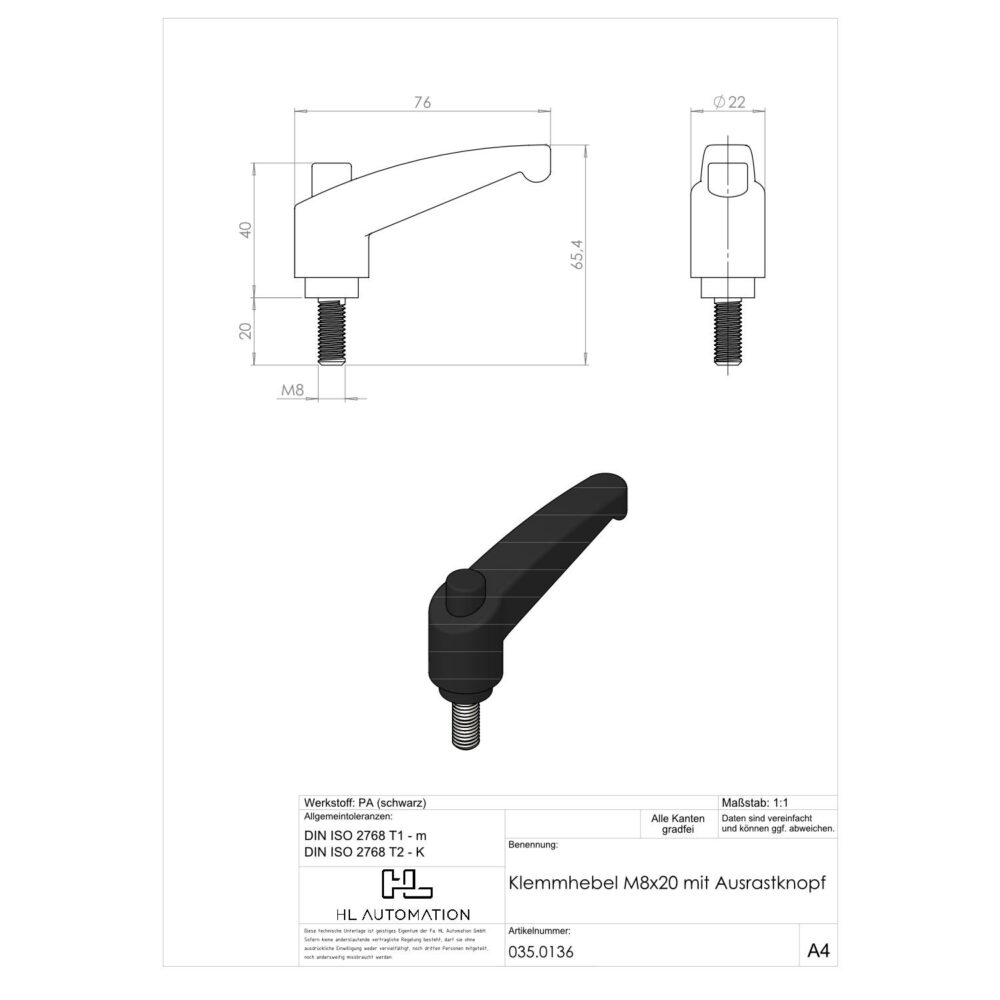 Klemmhebel M8x20 mit Ausrastknopf – Bild 2