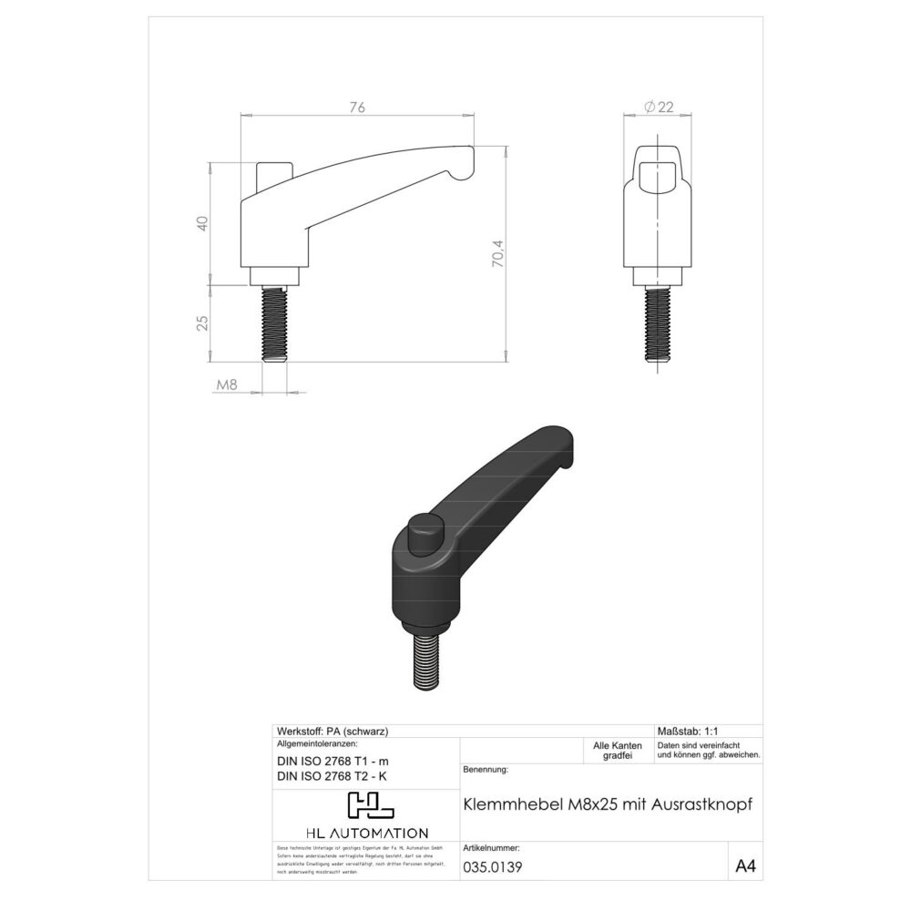 Klemmhebel M8x25 mit Ausrastknopf – Bild 2