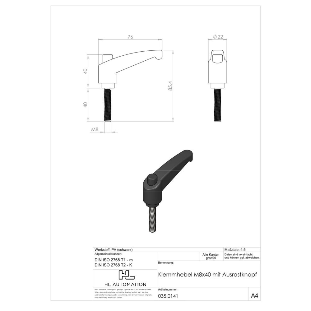 Klemmhebel M8x40 mit Ausrastknopf – Bild 2