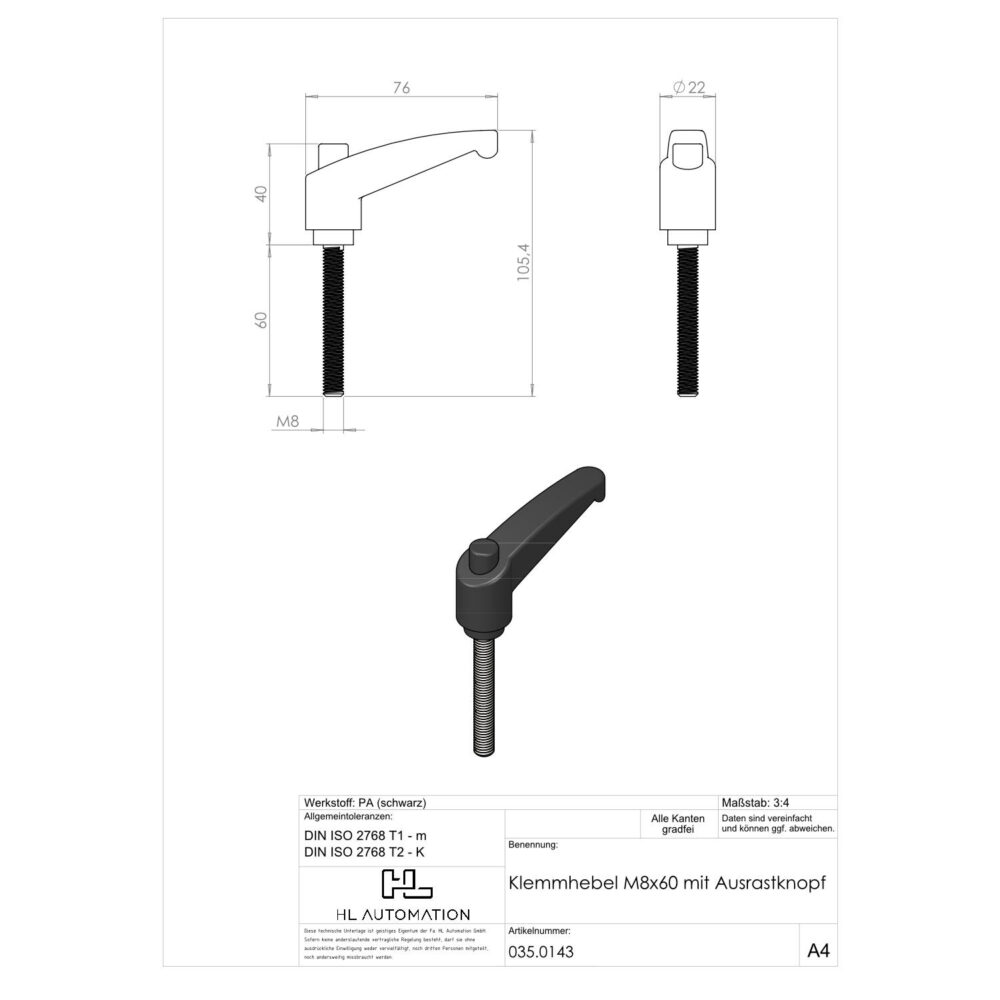 Klemmhebel M8x60 mit Ausrastknopf – Bild 2