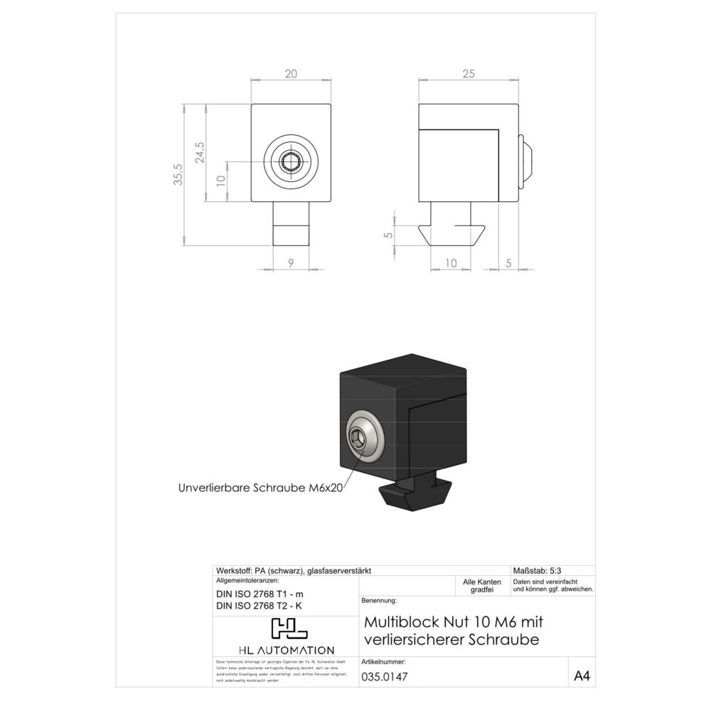 Multiblock Nut 10 M6 mit verliersicherer Schraube – Bild 2
