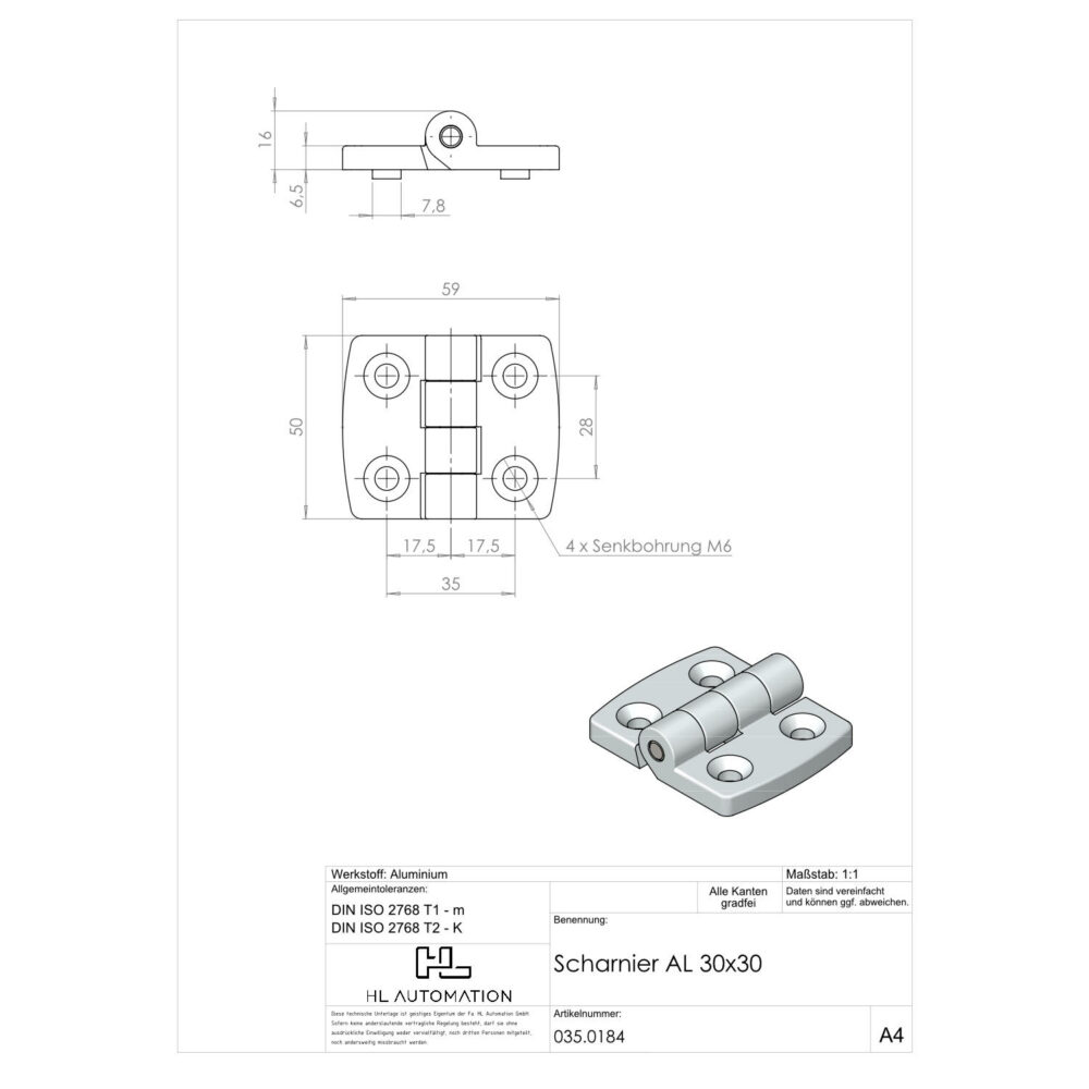 Scharnier AL Nut 6/8 30x30 – Bild 2