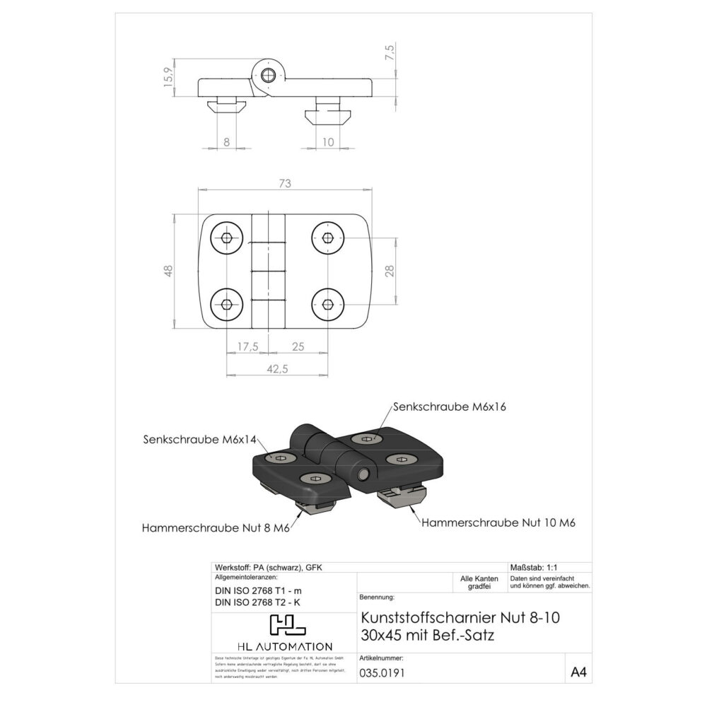 Kunststoffscharnier Nut 8-10 30x45 mit Bef.-Satz – Bild 2