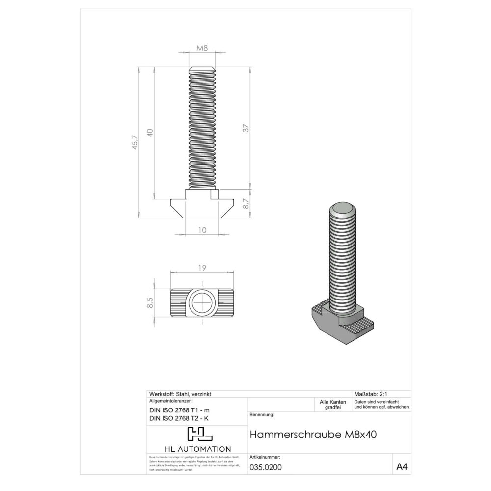 Hammerschraube Nut 10 M8x40 – Bild 2