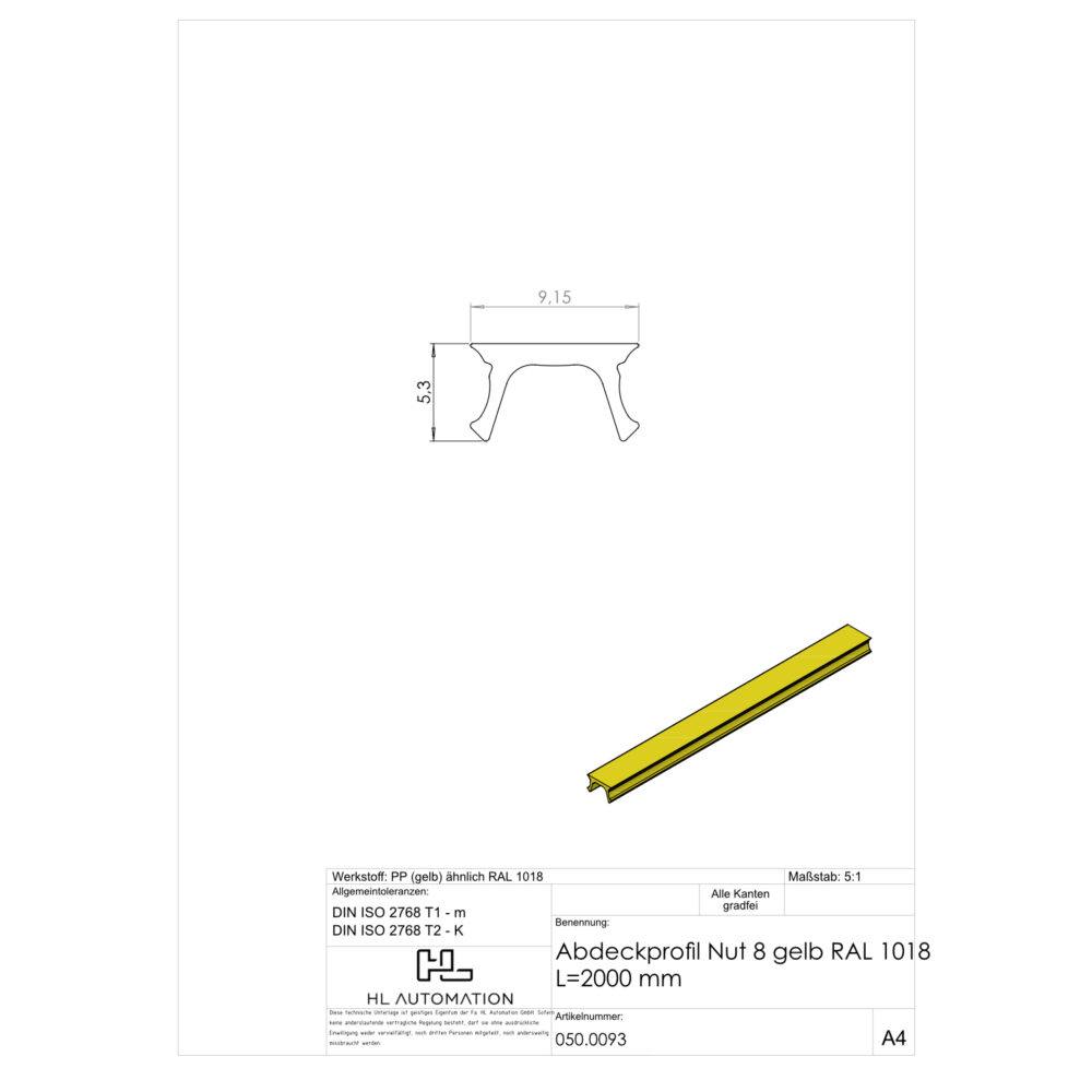 Abdeckprofil Nut 8 gelb RAL 1018 L=2000mm – Bild 2