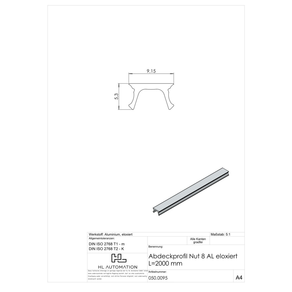 Abdeckprofil Nut 8 AL eloxiert L=2000mm – Bild 2