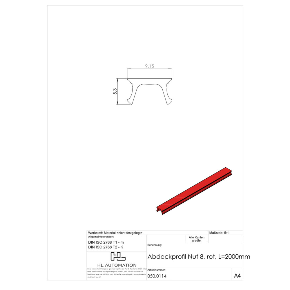 Abdeckprofil Nut 8 rot L=2000mm – Bild 2