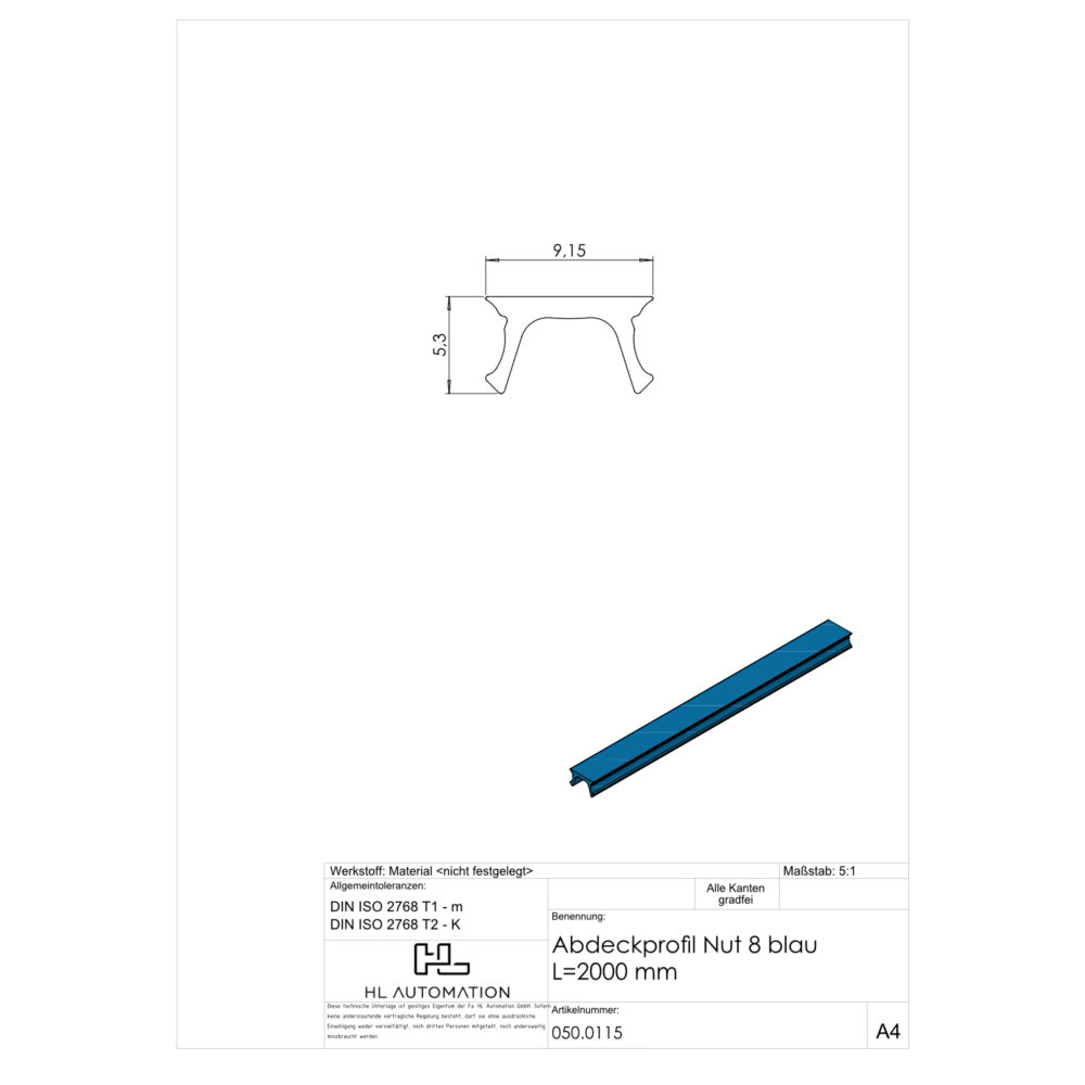 Abdeckprofil Nut 8 blau L=2000mm – Bild 2