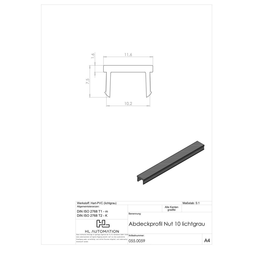 Abdeckprofil Nut 10 lichtgrau L=2000mm – Bild 2