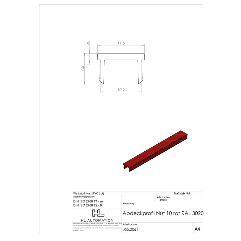 Abdeckprofil Nut 10 rot L=2000mm – Bild 2