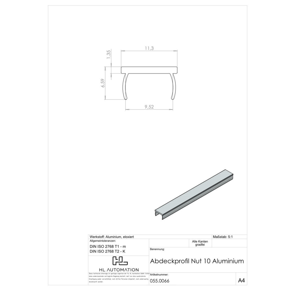 Abdeckprofil Nut 10 Aluminium L=2000mm – Bild 2