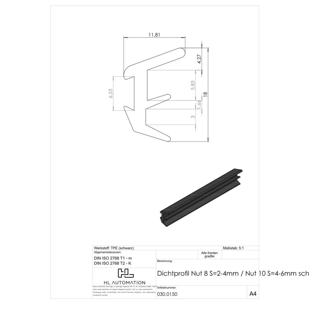 Dichtprofil Nut 8 S=2-4mm / Nut 10 S=4-6mm schwarz – Bild 2
