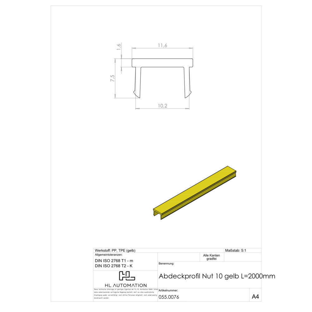 Abdeckprofil Nut 10 gelb L=2000mm – Bild 2