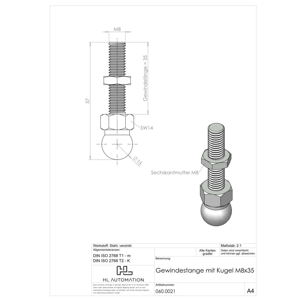 Gewindestange mit Kugel M8x35 – Bild 2