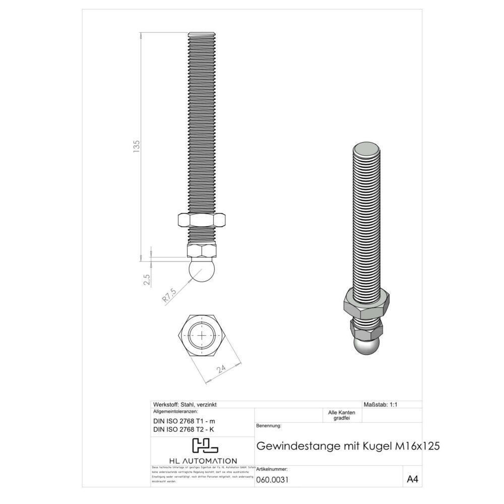 Gewindestange mit Kugel M16x125 – Bild 2