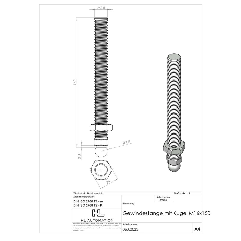 Gewindestange mit Kugel M16x150 – Bild 2