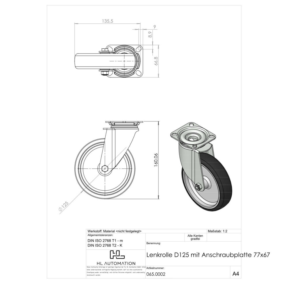 Lenkrolle D125 mit Anschraubplatte 77x67 – Bild 2