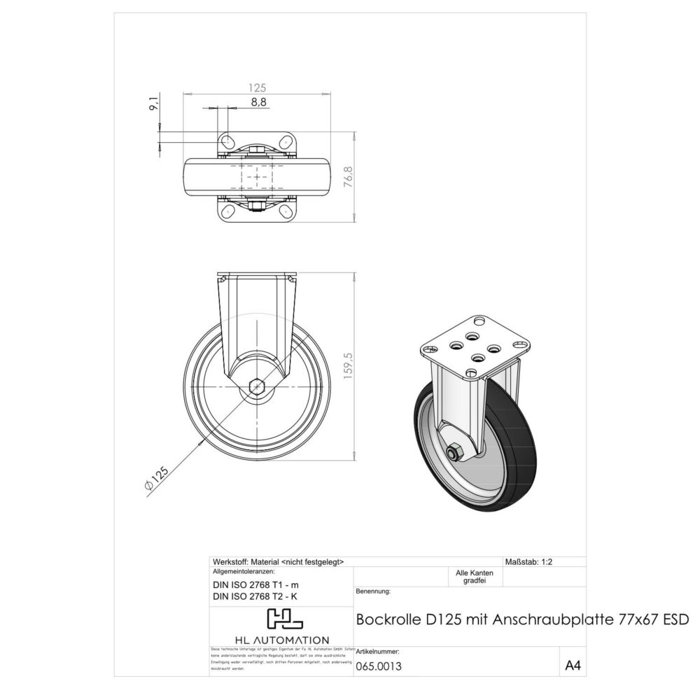 Bockrolle D125 mit Anschraubplatte 77x67 ESD – Bild 2
