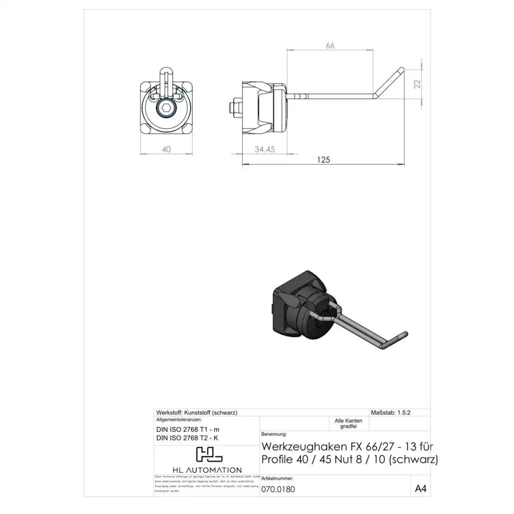 Werkzeughaken FX 66/27 - 13 für Profile 40 / 45 Nut 8 / 10 (schwarz) – Bild 2