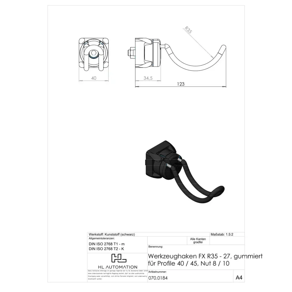 Werkzeughaken FX R35 - 27, gummiert für Profile 40 / 45, Nut 8 / 10 – Bild 2